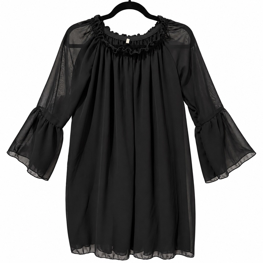 ZHOU Black Chiffon Ruffle Neck Bell Sleeve Mini Dress/Tunic Top Size M